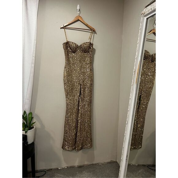 Nadine Merabi Women's Gold Sequin Sleeveless Lucinda Flare Jumpsuit Size 8 NWOT - Picture 5 of 13